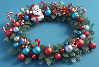 The primary subject of the image is a Christmas wreath with a Santa Claus figure on top. The wreath is adorned with various ornaments, including red, blue, and white balls. The setting is a blue background, which provides a contrasting and festive backdrop for the wreath. The visual style of the image is a combination of digital art and illustration, creating a vibrant and colorful representation of the holiday season. The dominant colors in the image are red, white, and blue